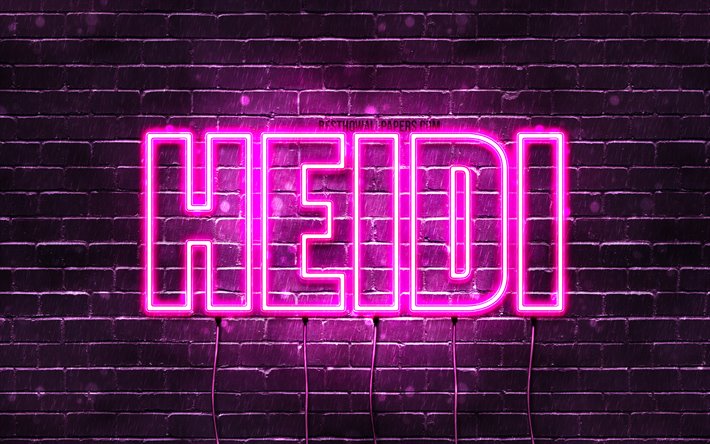 Heidi, 4k, fondos de pantalla con los nombres, los nombres femeninos, Heidi nombre, p&#250;rpura luces de ne&#243;n, el texto horizontal, imagen con el nombre de Heidi