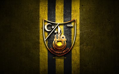 Istanbulspor FC, logo oro, 1 Lig, giallo, metallo, sfondo, calcio, Istanbulspor COME, squadra di calcio turco, Istanbulspor logo, Turchia