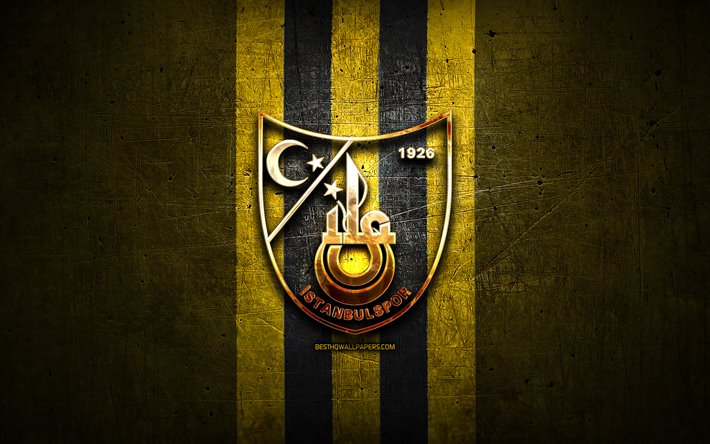 Istanbulspor FC, logo dor&#233;, 1 Lig, jaune m&#233;tal, fond, football, Istanbulspor AS, turc, club de football, Istanbulspor logo, Turquie