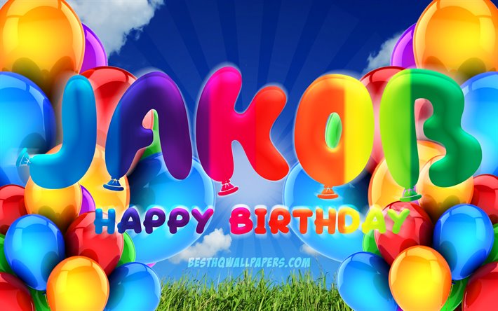 Jakob Happy Birthday, 4k, cloudy sky background, popular german female names, Birthday Party, colorful ballons, Jakob name, Happy Birthday Jakob, Birthday concept, Jakob Birthday, Jakob