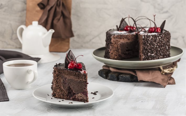 bolo de chocolate com cereja, grande bolo de chocolate, sobremesa, doces, bolos, chocolate