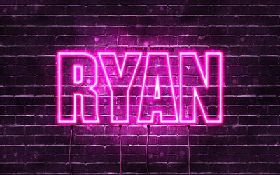 Ryan, 4k, wallpapers with names, female names, Ryan name, purple neon lights, horizontal text, picture with Ryan name