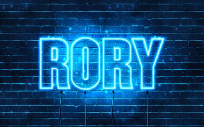 Rory, 4k, pap&#233;is de parede com os nomes de, texto horizontal, Rory nome, luzes de neon azuis, imagem com Rory nome
