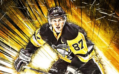 Sidney Crosby, NHL, grunge art, Pittsburgh Penguins, hokey yıldızlar, Sidney Patrick Crosby, hokey, sarı soyut ışınları, hokey oyuncuları, USA