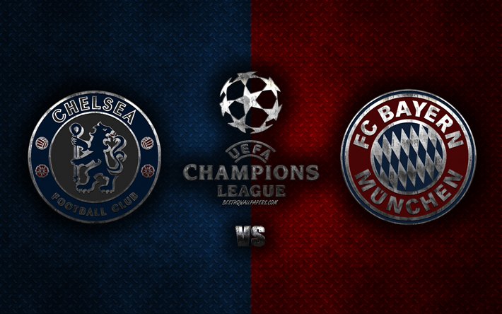 Chelsea vs FC Bayern M&#252;nih, UEFA Şampiyonlar Ligi, 2020, metal logoları, promosyon malzemeleri, kırmızı mavi metal arka plan, Şampiyonlar Ligi, futbol ma&#231;ı, Chelsea FC, FC Bayern M&#252;nih