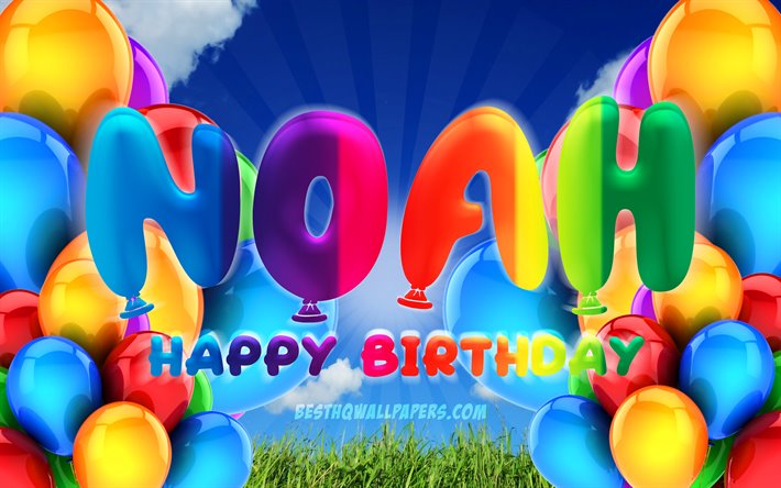 Noah Happy Birthday, 4k, cloudy sky background, popular german female names, Birthday Party, colorful ballons, Noah name, Happy Birthday Noah, Birthday concept, Noah Birthday, Noah