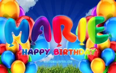 Marie Happy Birthday, 4k, cloudy sky background, popular german female names, Birthday Party, colorful ballons, Marie name, Happy Birthday Marie, Birthday concept, Marie Birthday, Marie