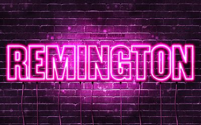 Remington, 4k, wallpapers with names, female names, Remington name, purple neon lights, horizontal text, picture with Remington name