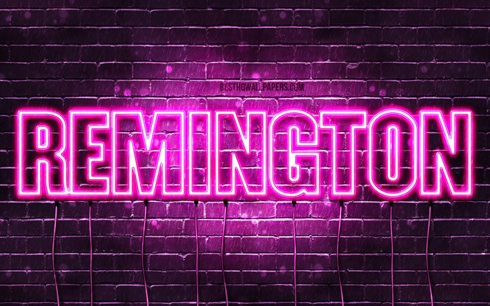 Remington, 4k, pap&#233;is de parede com os nomes de, nomes femininos, Remington nome, roxo luzes de neon, texto horizontal, imagem com Remington nome