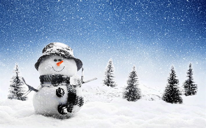 boneco de neve, 4k, floresta, inverno, feliz ano novo, bonecos de neve, a queda de neve, fundo com boneco de neve