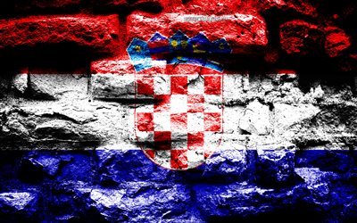 kroatien flagge, grunge-ziegel-textur, flagge kroatiens, flagge auf steinmauer, kroatien, europa, flaggen der europ&#228;ischen l&#228;nder