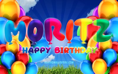 Moritz Happy Birthday, 4k, cloudy sky background, popular german male names, Birthday Party, colorful ballons, Moritz name, Happy Birthday Moritz, Birthday concept, Moritz Birthday, Moritz