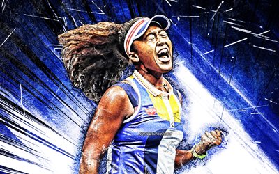 4k, Naomi Osaka, WTA, grunge de l&#39;art japonais, les joueurs de tennis, abstrait bleu rayons, tennis, Naomi Osaka 4K