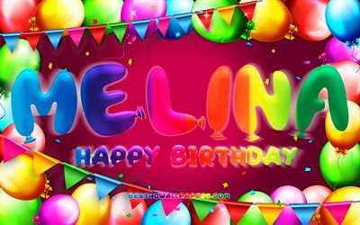 Happy Birthday Melina, 4k, colorful balloon frame, Melina name, purple background, Melina Happy Birthday, Melina Birthday, popular german female names, Birthday concept, Melina