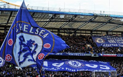 Chelsea FC-logo, Chelsea FC lippu, Stamford Bridge, Englannin Football Club, Lontoo, Englanti, jalkapallo-ottelu, Chelsea FC, jalkapallo