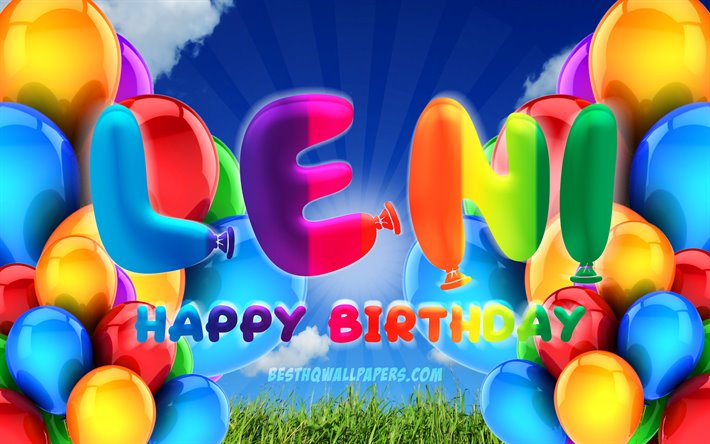 Leni buon Compleanno, 4k, cielo coperto sfondo, tedesco popolari nomi di donna, Festa di Compleanno, palloncini colorati, Leni nome, Felice Compleanno Leni, feste di Compleanno, concetto, Leni Compleanno, Leni