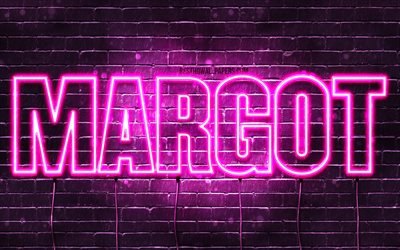 Margot, 4k, wallpapers with names, female names, Margot name, purple neon lights, horizontal text, picture with Margot name