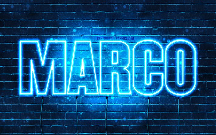 Marco, 4k, pap&#233;is de parede com os nomes de, texto horizontal, Marco nome, luzes de neon azuis, imagem com o nome de Marco