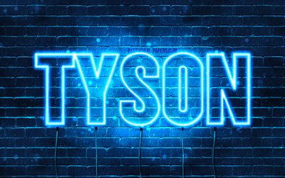 Tyson, 4k, fondos de pantalla con los nombres, el texto horizontal, Tyson nombre, luces azules de ne&#243;n, de la imagen con el nombre de Tyson