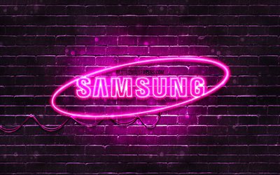 Samsung viola logo, 4k, viola brickwall, logo Samsung, marche, Samsung neon logo Samsung