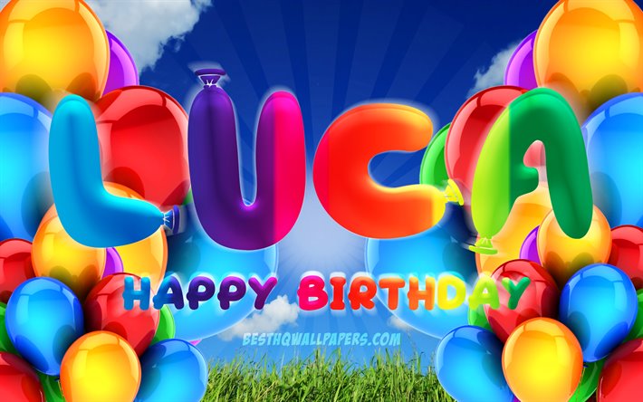 Luca Happy Birthday, 4k, cloudy sky background, popular german male names, Birthday Party, colorful ballons, Luca name, Happy Birthday Luca, Birthday concept, Luca Birthday, Luca