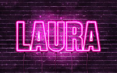 Laura, 4k, wallpapers with names, female names, Laura name, purple neon lights, horizontal text, picture with Laura name