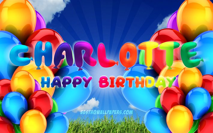 シャーロットお誕生日おめで, 4k, 曇天の背景, ドイツの人気女性の名前, 誕生パーティー, カラフルなballons, シャーロットの名前, お誕生日おめでシャーロット, 誕生日プ, シャーロット誕生日, シャーロット