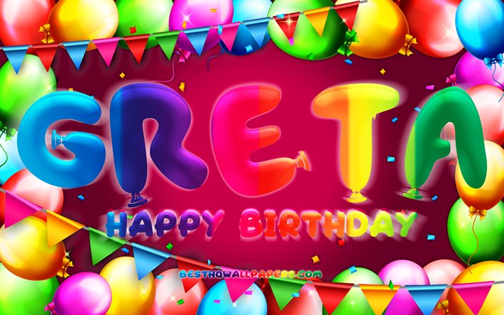 Happy Birthday Greta, 4k, colorful balloon frame, Greta name, purple background, Greta Happy Birthday, Greta Birthday, popular german female names, Birthday concept, Greta