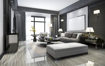 interni dal design moderno, un soggiorno, un elegante grigio interni, in stile moderno, bianco e nero, soggiorno, nero lucido tavola rotonda