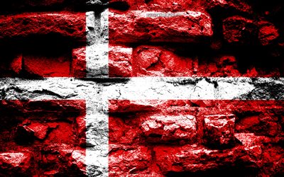 Danmark flagga, grunge tegel konsistens, Flagga av Danmark, flaggan p&#229; v&#228;ggen, Danmark, Europa, flaggor f&#246;r europeiska l&#228;nder