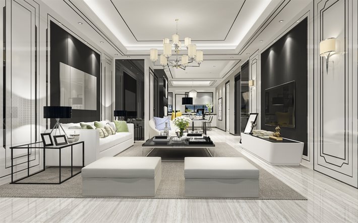 stylish modern interior design, living room, modern classic style, white wooden floor, living room project, white living room