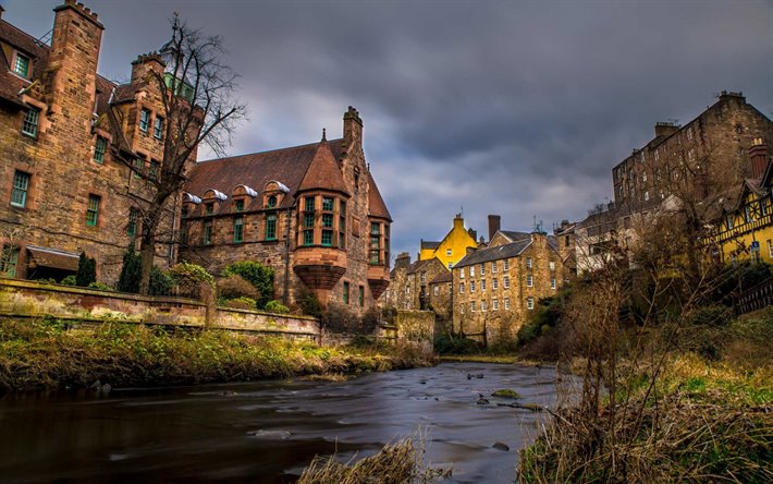 Edinburgh, Dean Village, river, syksy, Edinburgh cityscape, vanhoja rakennuksia, Skotlanti, Iso-Britannia