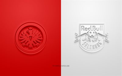 Eintracht Frankfurt vs RB Salzburgo, UEFA Europa League, 3D, logotipos, material promocional, red-white background, Europa League football match, RB Salzburgo, el Eintracht de Frankfurt