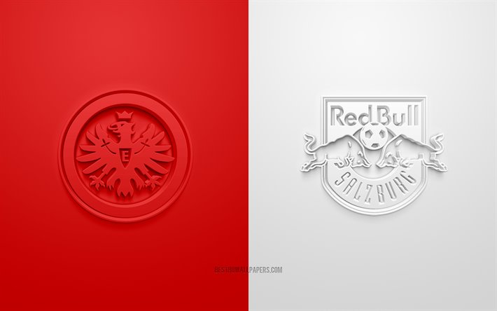 L&#39;Eintracht Francfort vs RB Salzbourg, UEFA Europa League, la 3D, logos, promotional materials, red, white background, Europa League, match de football, RB Salzbourg, l&#39;Eintracht Francfort