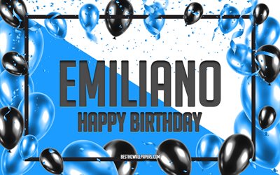 お誕生日おめでEmiliano, お誕生日の風船の背景, Emiliano, 壁紙名, Emilianoお誕生日おめで, 青球誕生の背景, ご挨拶カード, Emiliano誕生日