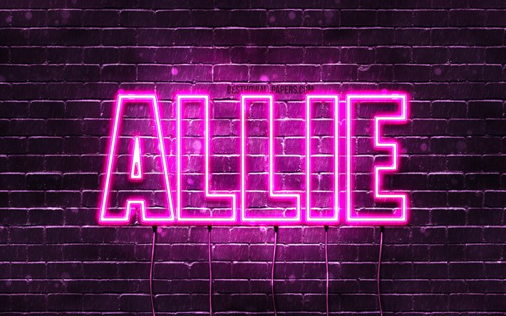 Allie, 4k, wallpapers with names, female names, Allie name, purple neon lights, horizontal text, picture with Allie name