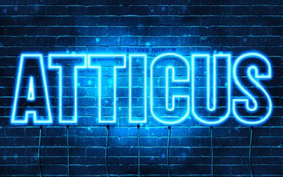 Attico, 4k, sfondi per il desktop con i nomi, il testo orizzontale, Attico nome, neon blu, foto con Atticus nome