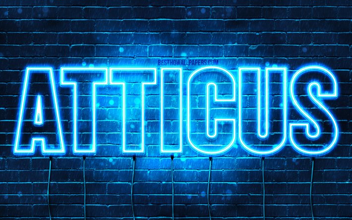 Atticus, 4k, wallpapers with names, horizontal text, Atticus name, blue neon lights, picture with Atticus name