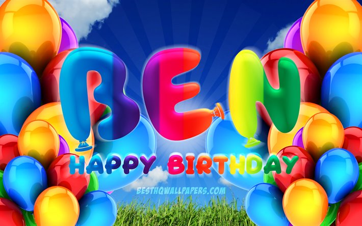 Benお誕生日おめで, 4k, 曇天の背景, ドイツの人気男性の名前, 誕生パーティー, カラフルなballons, ベン名, お誕生日お弁, 誕生日プ, Ben誕生日, Ben