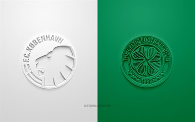 FC K&#246;penhamn vs Celtic, UEFA Europa League, 3D-logotyper, pr-material, gr&#246;n-vit bakgrund, Europa League, fotbollsmatch, Celtic FC, FC K&#246;penhamn