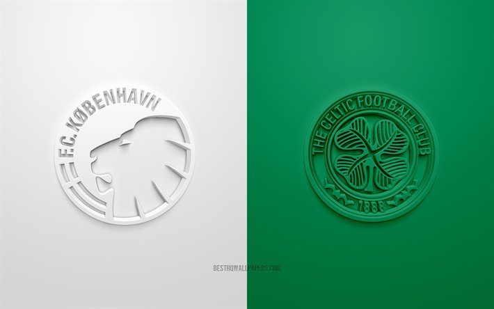 FC Copenaghen vs Celtic, UEFA Europa League, loghi 3D, materiali promozionali, verde-bianco, sfondo, Europa League, partita di calcio Celtic FC, FC Copenaghen