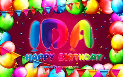 happy birthday ida, 4k, bunte ballon-rahmen, ida name, lila hintergrund, ida geburtstag, beliebte deutsche weibliche namen, geburtstag-konzept, ida