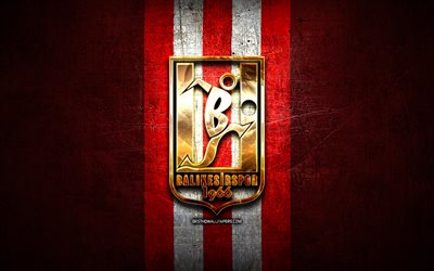 Balikesirspor FC, golden logo, 1 Lig, red metal background, football, Balikesirspor KD, turkish football club, Balikesirspor logo, soccer, Turkey