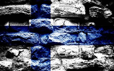 العلم فنلندا, الجرونج الطوب الملمس, علم فنلندا, علم على جدار من الطوب, فنلندا, أوروبا, أعلام الدول الأوروبية