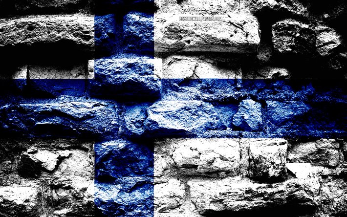 Finland flag, grunge brick texture, Flag of Finland, flag on brick wall, Finland, Europe, flags of european countries