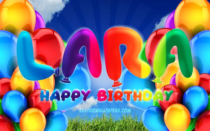 Laraお誕生日おめで, 4k, 曇天の背景, ドイツの人気女性の名前, 誕生パーティー, カラフルなballons, ララ名, お誕生日おめでLara, 誕生日プ, ララの誕生日, ララ