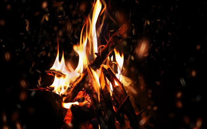 fuoco su sfondo nero, fiamme, fuochi d&#39;artificio, notte, sfocatura fiamma