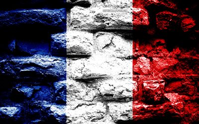France flag, grunge brick texture, Flag of France, flag on brick wall, France, Europe, flags of european countries