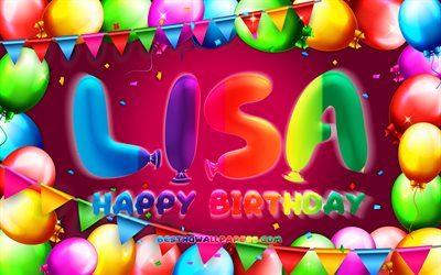 お誕生日おめでLisa, 4k, カラフルバルーンフレーム, Lisa名, 紫色の背景, Lisaお誕生日おめで, Lisa誕生日, ドイツの人気女性の名前, 誕生日プ, Lisa
