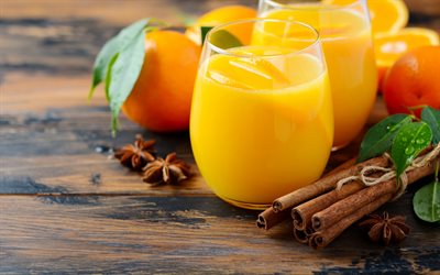 Arancia fresca, succo d&#39;Arancia, bevande di frutta, agrumi, un bicchiere di succo di frutta, bastoncini di cannella, arance